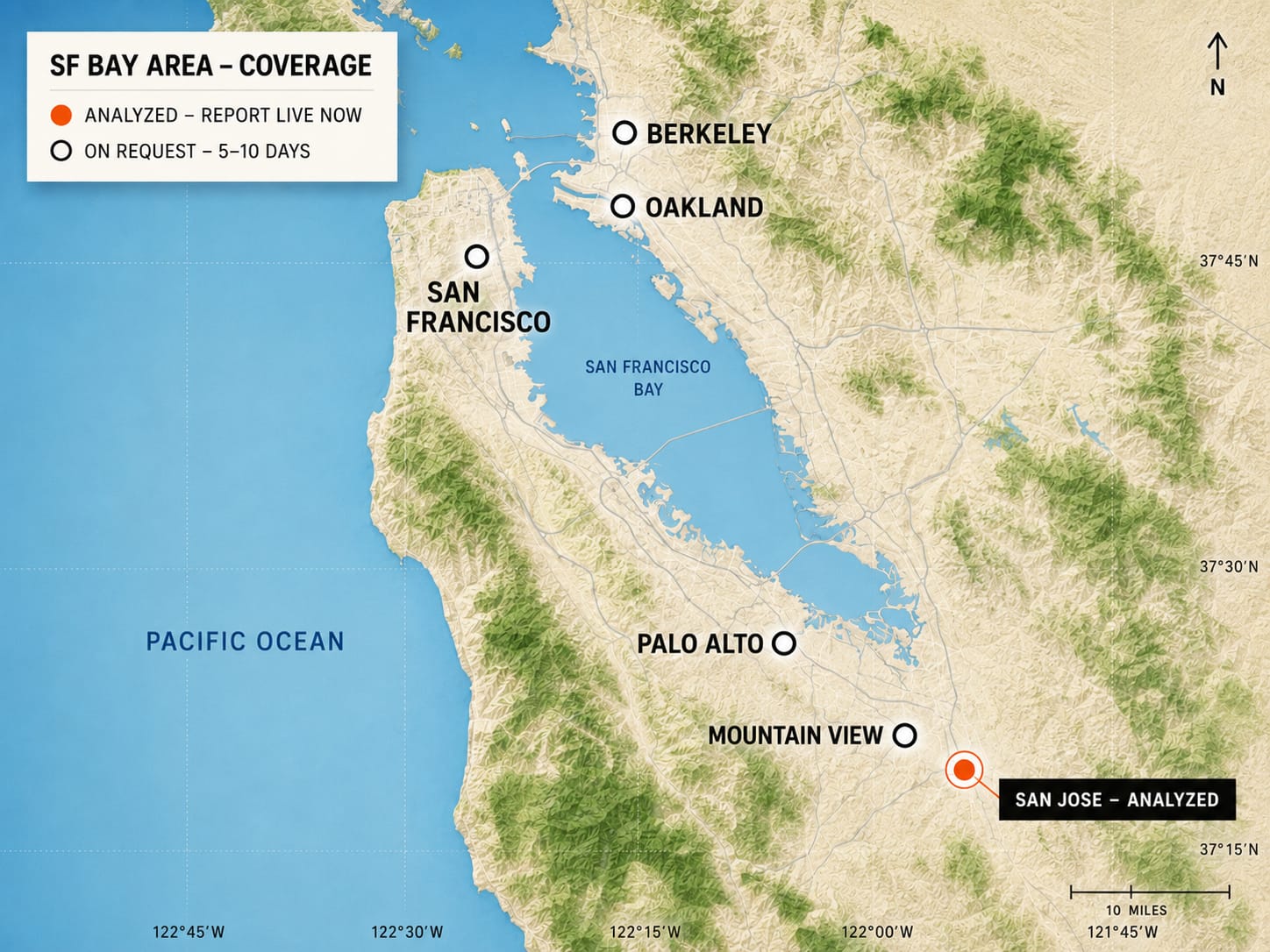 Shaded-relief Bay Area coverage map: San Jose pinned as analyzed, other covered cities marked on request